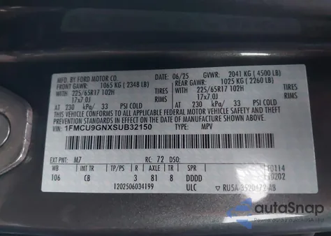 2025 Ford Escape Active z USA, uszkodzony, nr VIN 1FMCU9GNXSUB32150